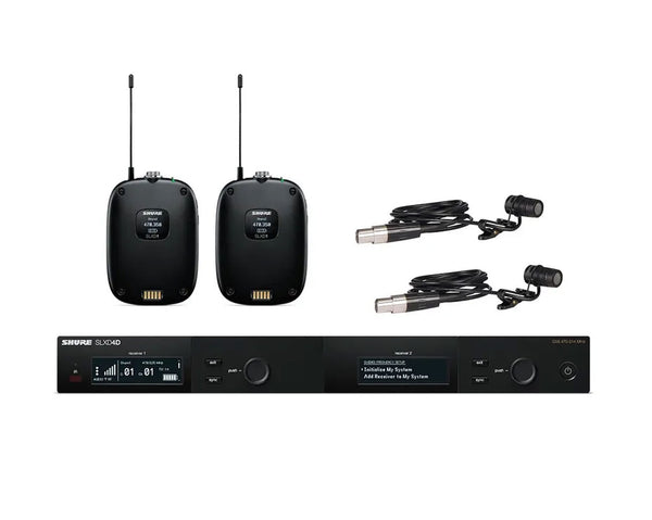 Shure SLX-D Dual Digital Wireless System; 2x SLXD1 Tx; 2x WL185 Mic;SLXD4D Rx;520-564MHz