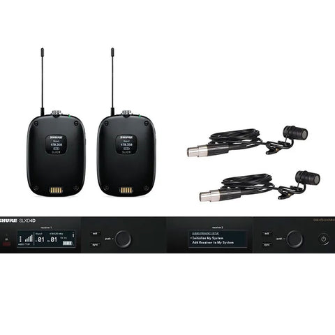 Shure SLX-D Dual Digital Wireless System; 2x SLXD1 Tx; 2x WL185 Mic;SLXD4D Rx;520-564MHz